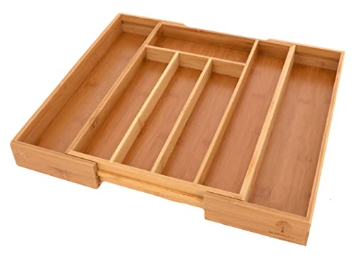 Schoberg Cubertero para cajones extensible (25,5 a 40,5 x 35,5 x 4,5 cm) - Sistema de organización de cajones para la cocina - Cubertero para cajones de bambú - Cubertero de madera