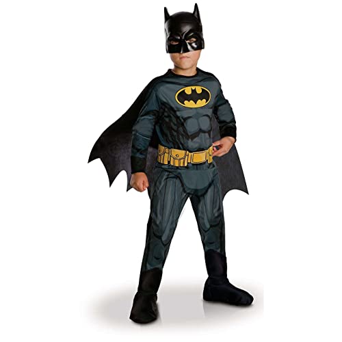 RUBIES - Disfraz oficial de DC - BATMAN - Disfraz clásico para niños - Talla 5-6 años - Disfraz con mono estampado, cinturón, cubrebotas, capa desmontable y máscara - Halloween, carnaval