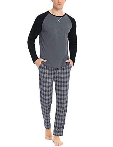Litherday Pijamas Hombre de Invierno Pijamas Largos para Hombre de Algodón Ropa de Dormir para Hombre con Top y Pantalones 2 Piezas, Gris, M