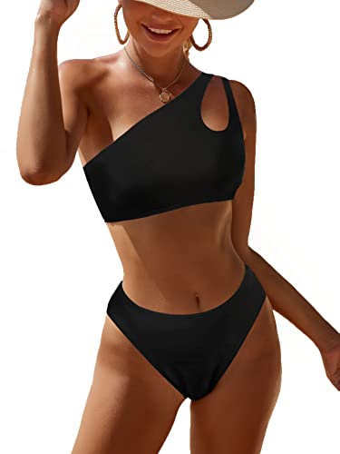 JFAN Traje de Baño Mujer Conjunto de Bikini Un Hombro Trajes de Baño Ahuecados Bañador Atractivo de Dos Piezas(Negro,L)
