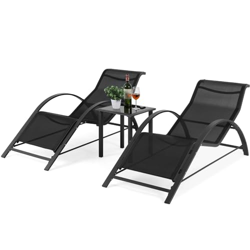 LIFERUN Tumbona extragrande con mesa de café, juego de 3 piezas, sillón de jardín de hierro de aluminio, diseño ergonómico, silla de salón de ocio para exteriores, capacidad de carga de 150 kg
