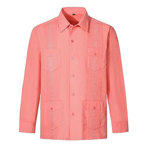 Guayabera 2024 - Camisa de vestir de manga larga con botones para la playa cubana para hombre, casual, bordada, ajustada, camisa de manga larga, naranja, XXL