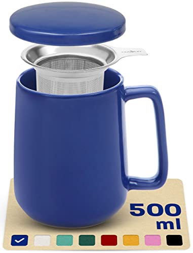 Taza de Te con Filtro y Tapa 500ml Gran - Ceramica - Mantiene Caliente la Infusion - Azul Brillante