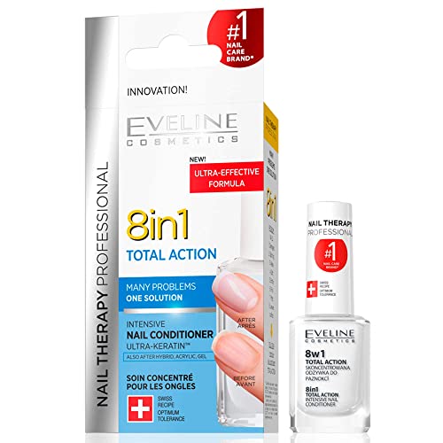 Eveline Cosmetics Nail Therapy Professional 8 en 1 Suero de uñas concentrado endurecedor y fortalecedor de acción total | 12 ML | Activador de Crecimiento | Tratamiento reparador de uñas