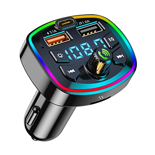 Transmisor de Radio FM Bluetooth Coche, Manos Libres, Adaptador de Reproductor de Audio MP3 Cargador con Puertos USB duales 5V/3.1A & 1A, Soporte Tarjeta TF y Unidad Flash