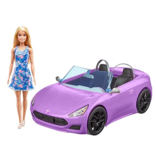 Barbie con descapotable Muñeca rubia con coche de juguete morado para muñecas, regalo para niñas y niños +3 años (Mattel HBY29)