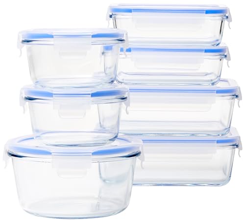 Amazon Basics Recipientes de cristal para alimentos, con cierre 14 Unidad (7 envases + 7 tapas), sin BPA, Claro