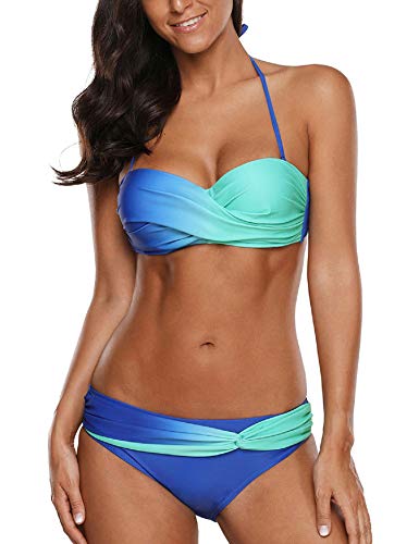 UMIPUBO Bikini Mujer Ropa de Baño Push Up Acolchado Bra Tops y Braguitas Reversibles 2pcs Trajes de Baño Halter Cuello Bañador (Azul,M)