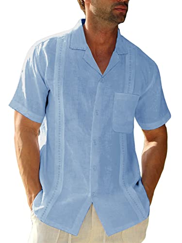 Erzto Camisa de lino para hombre de verano de manga corta camisas de manga corta camisa de guayabera camisas tops camisa de negocios con bolsillos, azul, XXL