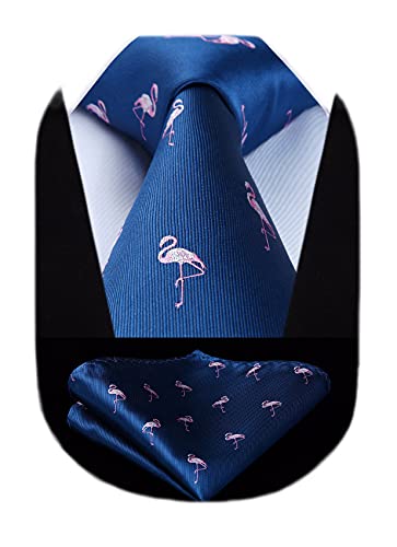 HISDERN Corbatas de Hombre azul marino con Motivo flamenco rosa Modernas Boda Corbata y Pañuelo Conjunto Elegante de Business Partido