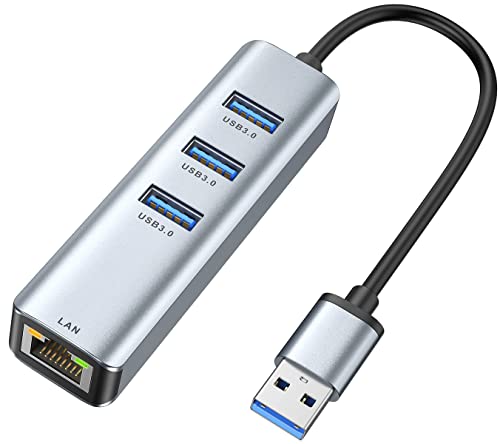 Adaptador USB Ethernet,ABLEWE Hub USB 3.0 con 3 Puertos USB 3.0 y1 Puerto LAN RJ45 1000M Gigabit para MacBook,Mac OS,iMac,Windows,Chrome,Surface,XPS,etc.-Aluminio Plata