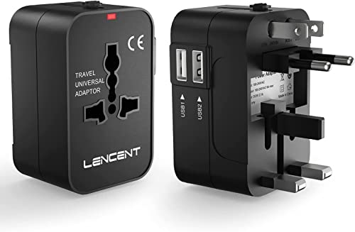 LENCENT Adaptador Enchufe de Viaje, Universal, para más de 200 países, Compatible con EU/UK/EEUU/AUS, con 2 Puertos de USB