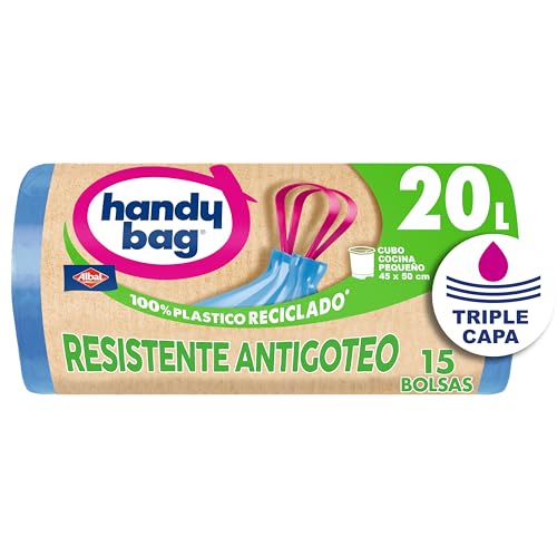 Handy Bag Bolsas de Basura Resistente Antigoteo, 100% Reciclado, Autocierre, 20L, 15 Bolsas, 1 Paquete