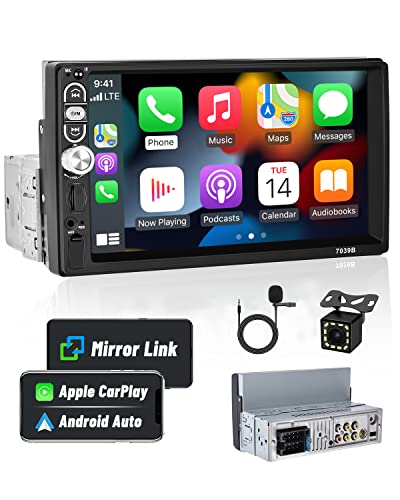 Hikity Radio de Coche 1 DIN con Apple CarPlay y Android Autoradio Bluetooth 5.1 a 7' Pantalla Táctil HD Soporte Mirror Link para iOS/Android EQ USB SWC + Micrófono Externo + Cámara de Respaldo