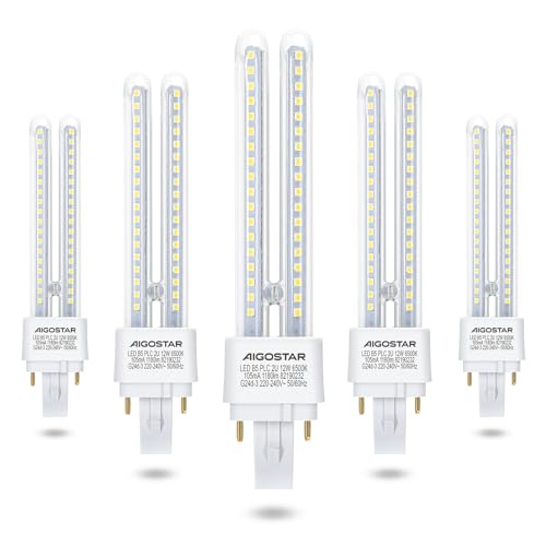 Aigostar - Pack de 5 Bombillas LED PLC 2U, tubo de 11 W Maiz G24d-3, 2 Pines, Luz fría 6500K, 1070Lm, No regulable