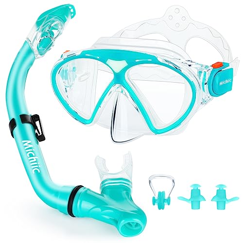 Set de Snorkeling Mascara e Tubo para Niño, Kit de Snorkeling,Panorámica de 180° Gafas y Máscaras de Buceo de Cristal Templado y Dry Top Snorkel,antivaho y a Prueba de Fugas,Unisex niños (Aqua Green)