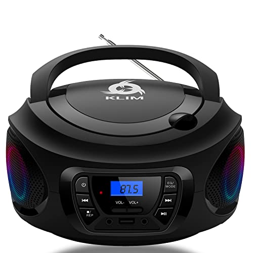 KLIM Boombox - Radio CD Portatil con Bluetooth, MP3, USB, AUX, Radio FM + Reproductor de CD con Pilas Recargables Incluidas + Modo inalámbrico y con Cable Nuevo 2024 + Negro