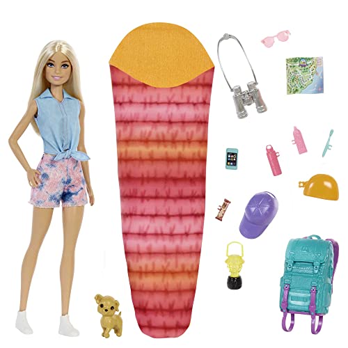 Barbie Muñeca Malibu It Takes Two de Acampada- Con Cachorro, Mochila y Saco de Dormir - 10+ Accesorios - Muñeca: 29 cm - Regalo para Niños de 3-7 Años