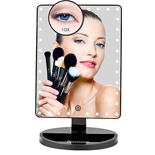 Espejo Maquillaje Grande, FUNTOUCH Espejo Maquillaje con Luz 35 LED, Espejo Maquillaje con Aumento de 1X/10X, Pantalla Táctil, Espejo Cosmético de 360°Rotación (Negro)