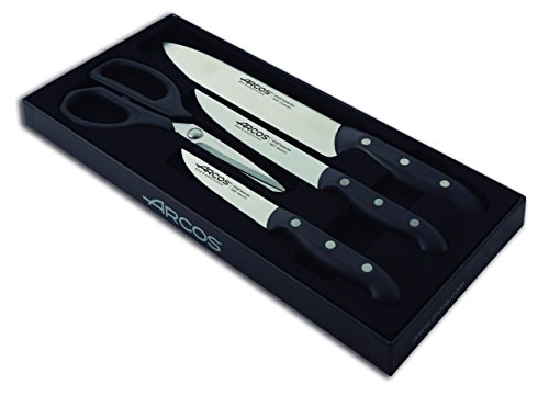 Arcos Serie Maitre - Juego Cuchillos de Cocina 4 piezas (3 Cuchillos + 1 Tijeras), Hoja de Acero Inoxidable NITRUM, Mango de Polipropileno, Color Negro
