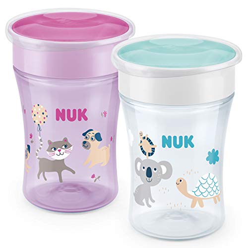 NUK Magic Cup vaso antiderrame bebe | Borde a prueba de derrames de 360° | +8 meses | Sin BPA | 230 ml | Gata/Koala (Rosado) | 2 unidades