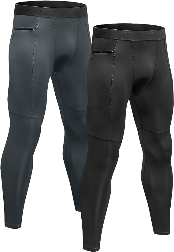 Niksa 2 Piezas Mallas Hombre Fitness Leggings Deporte Pantalón Largo de Compresión Negro Gris Negro Gris Large