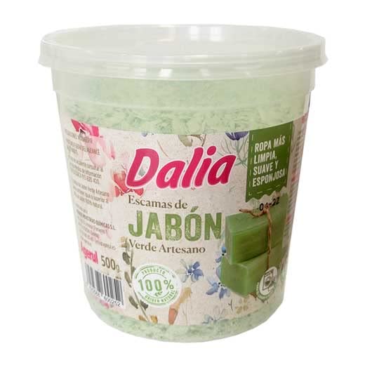 Dalia Jabón verde artesano en escamas para el lavado de tejidos manual y lavadora. Pack 500 gramos