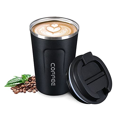 flintronic Taza de café 380ML, Taza de Viaje de Acero Inoxidable - Taza de automóvil de Doble Pared de Aislamiento Taza, Calibre Super Wide Cup para Hielo Fácil de Poner(Negro)