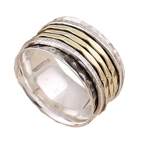 Anillos de plata de banda ancha para mujer,Silver and Brass Spinner Wide Silver Band Rings, Anxiety Ring for Meditaion, 925 Sterling Silver Band, Brass and Spinning Ring for Women