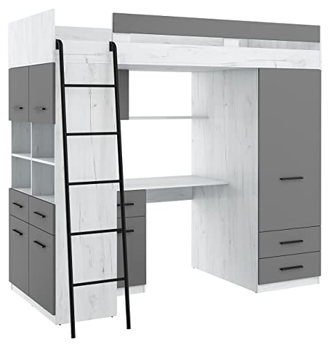 BIM Furniture Cama alta de nivel L 200 x 90 cm litera juegos de dormitorio cuna escritorio armario niños muebles juego lado izquierdo (blanco y grafito)