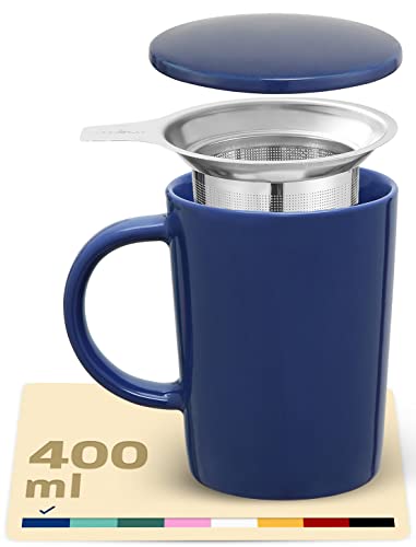 Taza de Te con Filtro y Tapa 400ml - Ceramica - Mantiene Caliente la Infusion - Azul Brillante