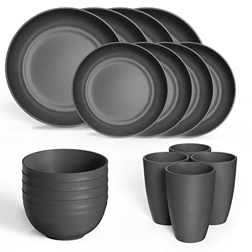 Hanmfei Juego de vajilla de plástico para 4, platos y cuencos de plástico, vajilla irrompible para cocina, camping, caravana (negro)