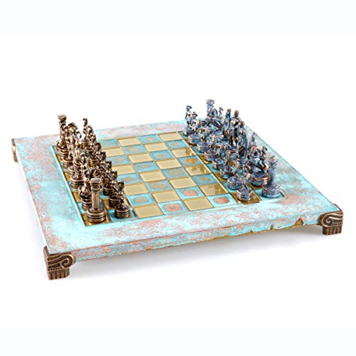 Juego de ajedrez del ejército romano griego – azul y cobre con tabla oxidada azul