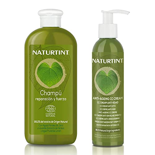 Naturtint Eco Champú Reparación + CC Cream - Nutre, Repara y Fortalece, Cabello Hidratado y con Brillo, 99% Ingredientes Naturales, Sin Siliconas ni Parabenos - 330 ml