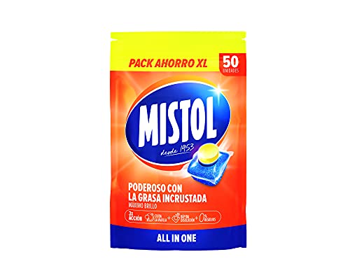 Mistol All in One - Pastillas para lavavajllas. Óptima desincrustación, cuida la vajilla, rápida disolución y 0 residuos. Pack ahorro XL, 50 unidades