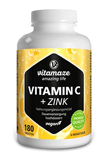 Vitamaze® Vitamina C 1000 mg + Zinc, 180 Comprimidos Vegana para 6 Meses, Reducen Fatiga y Fortalecen el Sistema Inmunológico, Natural Pura Suplemento sin Aditivos Innecesarios, Calidad Alemana