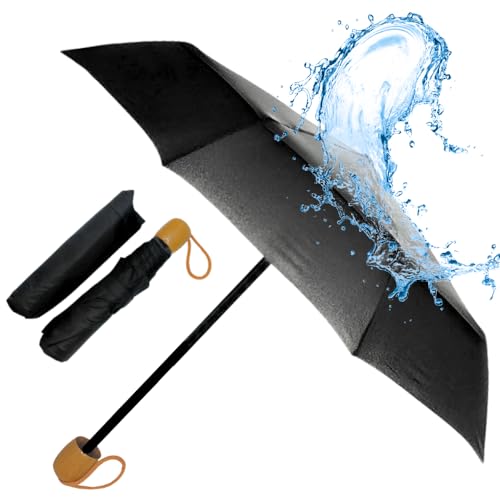 Paraguas Plegable | Para Llevar a Todas Partes | Pequeño y ligero | Color negro con pomo Marron | Manual | Que no te Pille la Lluvia por Sorpresa.