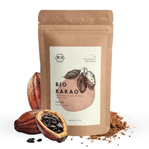 BIONUTRA® Cacao en polvo ecológico 1000 g, altamente desaceitado (11% de grasa), cacao en polvo ecológico sin azúcar, molido a partir de habas criollas