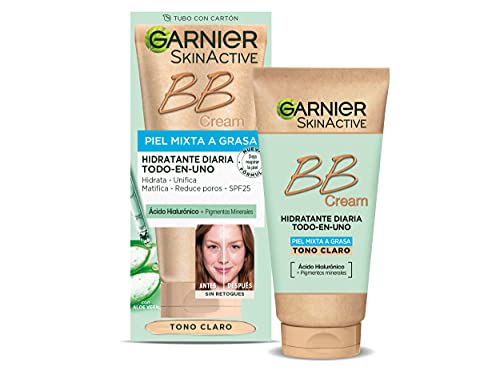 GARNIER Skin Active - BB Cream (para pieles mixtas a grasas, con SPF 25, Ácido Hialuronico, Extracto de Aloe Vera y Pigmentos Minerales, Hidrata, Unifica, Corrige e Ilumina) Tono claro - 50 ml
