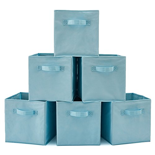 EZOWARE Juego de 6 Cubos de almacenamiento de tela plegables con asas, Caja Organizadoras de Almacenaje para Hogar, Ropa, cuarto de niños, juguetes, 26.7 x 26.7 x 27.8 cm / color: Azul claro