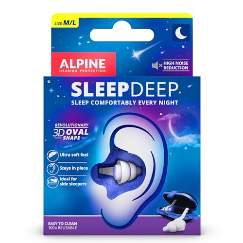 Alpine SleepDeep Tapones de Oídos para Dormir. Ovalados 3D con Gel Supresor de Ruido. Filtros Suaves para Dormir de Lado. Reducen el Sonido de los Ronquidos. 1 Par Reutilizable
