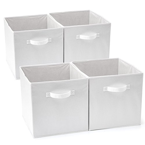 EZOWARE Set de 4 Caja de Almacenaje, Cubos Organizador de Tela Plegable, Cajas de Almacenamiento para Ropa, Juguetes, Roperos, Armarios, Estanterías - 33 x 37 x 33 cm - Blanco