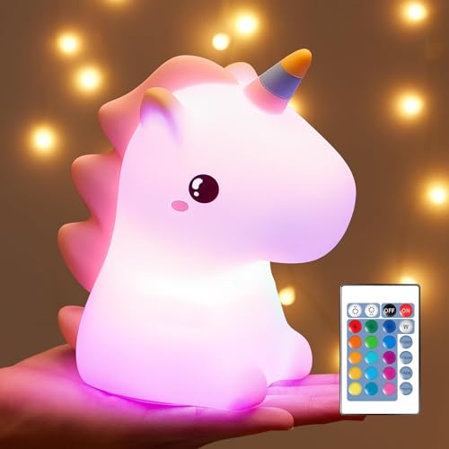 One Fire Unicornio Luz de noche Infantil, 16 Color 5 Brillo - Luz Quitamiedos y recargable de silicona para regalo nocturno de Niños y Bebe [Control Remoto]