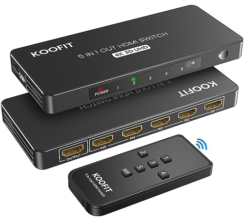 HDMI Switch 4K HDMI Splitter, HDMI Switch 5 Entradas con Mando, 5x1 Conmutador HDMI Automático Soporta 4K, 3D y UHD, Switch HDMI para PS5, PS4, PS3, Xbox, BLU-Ray, Roku, DVD, DVR, PC, TV