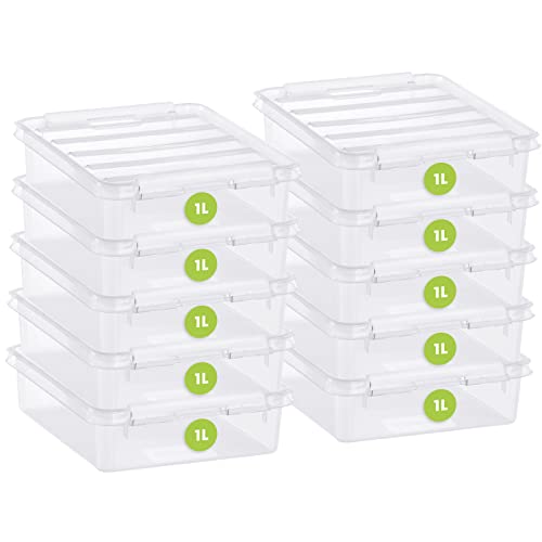 SmartStore Cajas de almacenamiento de plástico pequeñas de 1 L con tapas, juego de 10 unidades, transparentes, apilables y apilables, aptas para alimentos y sin BPA, con cierre de clip, 21 x 17 x 6 cm