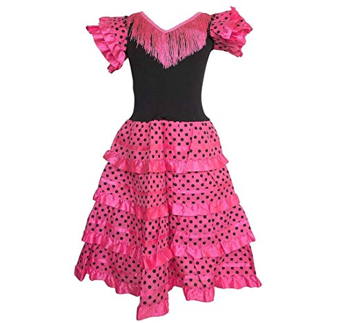 La Senorita Vestido Flamenco Español Traje de Flamenca Chica/niños Rosa Negro Talla 4, 92-98- 3/4 años