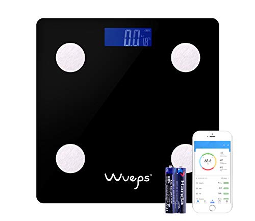 Wueps ® Báscula de baño, peso baño, balanza peso corporal, Max Capacidad 150Kg, Plataforma de vidrio templado 6mm, apagado automático, baterías incluidas, APP compatible con iOS y Android Color Negro