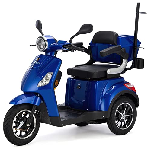 VELECO DRACO - Scooter de movilidad de 3 ruedas - Totalmente ensamblado y listo para usar - Freno electromagnético automático - Soporte para bastones (AZUL)