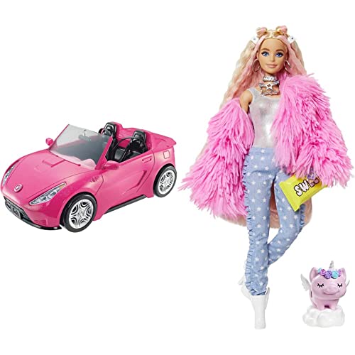 Barbie - Coche descapotable Coche - (Mattel DVX59), Exclusivo en Amazon & Extra n.º 3 - Muñeca Articulada con Abrigo Rosa y Mascota Unicornio-Cerdito - Incluye 15 Accesorios