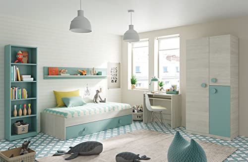 Miroytengo Pack Dormitorio Juvenil Infantil Completo Color Verde y Blanco (Cama Nido+Estante+Armario+Escritorio+estantería) con UN SOMIER